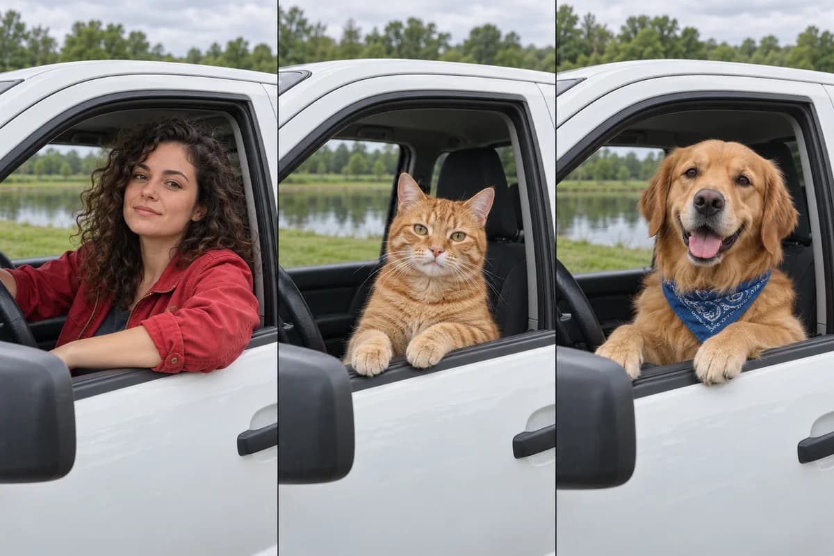 Person, cat and dog concept illustrations; these are not generated video results